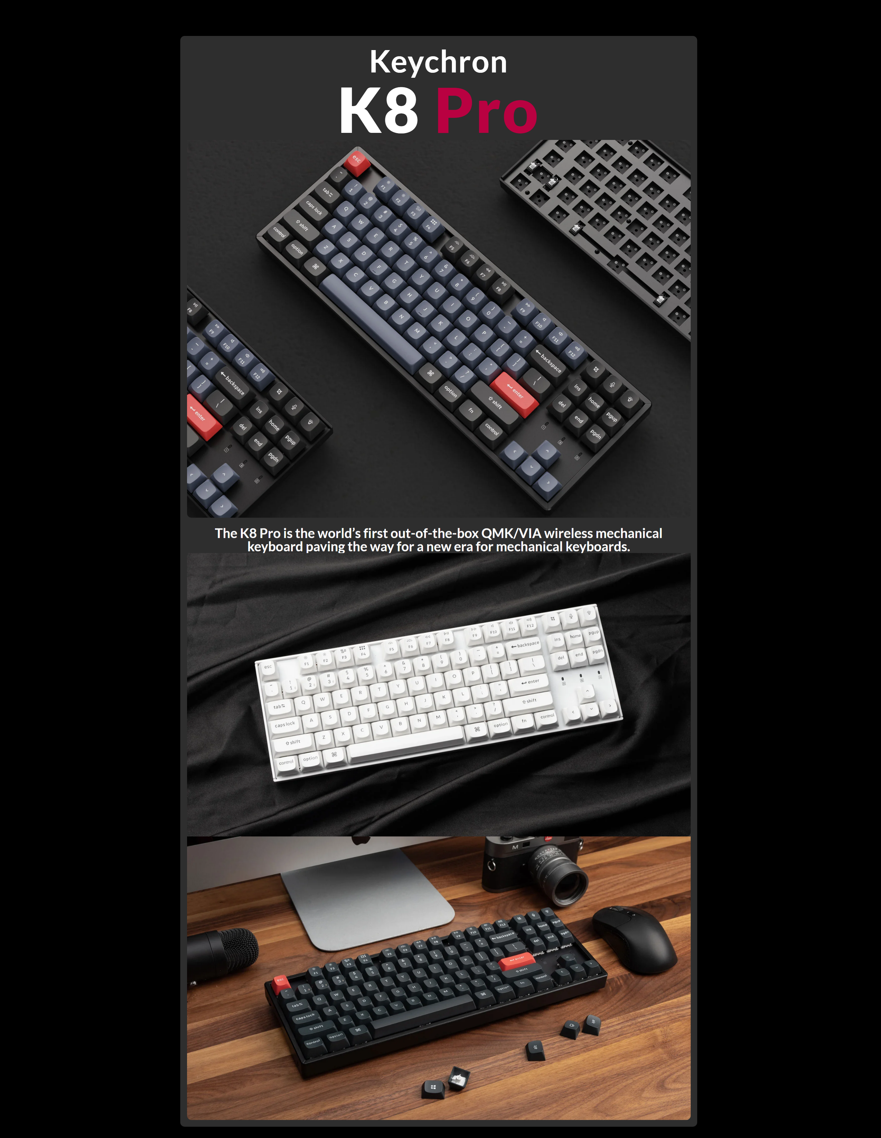 A large marketing image providing additional information about the product Keychron K8 Pro QMK/VIA Wireless Mechanical Keyboard White (Red Switch) - Additional alt info not provided